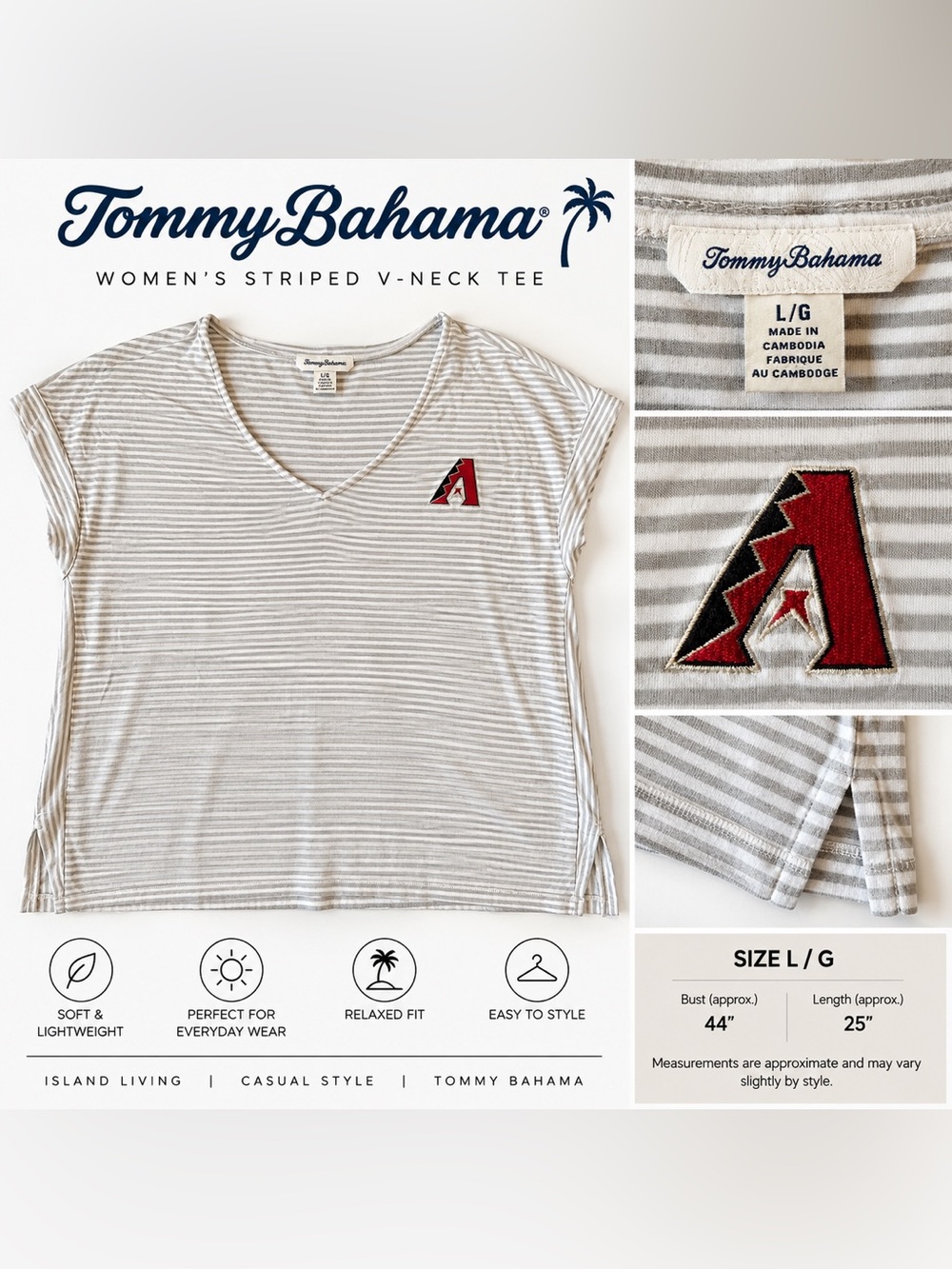 Arizona Diamondbacks Tommy Bahama Women's Gray & White Striped V-Neck Tee